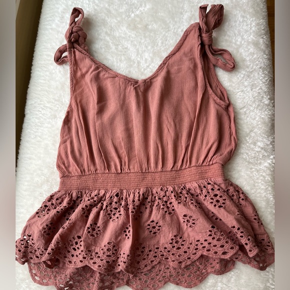 CYNTHIA ROWLEY BROWN RUFFLED TIE STRAPS TANK TOP - Picture 3 of 4